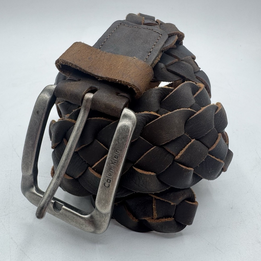 Calvin Klein Dk Brown Woven Leather Belt Sz 40 Unisex Logo Classic Y2K 90s Vtg